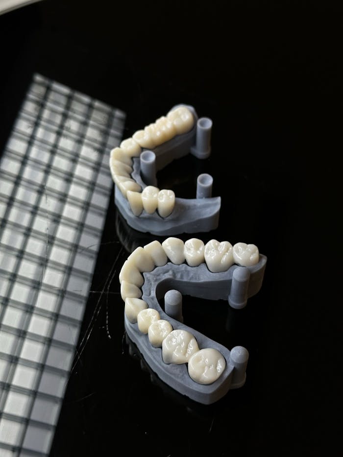 pexels photo 33800637 High-quality 3D printed dental molds displayed on a reflective dark background, showcasing dental technology.